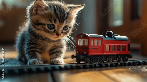 Curious kitten investigates a toy train set indoors near a cozy window during...