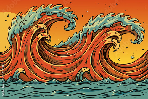 Majestic Sunset Waves Illustration in Vibrant Orange and Blue