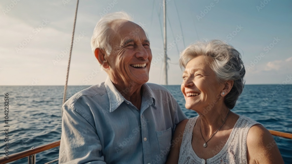 Happy elderly couple enjoying a holiday on a boat at sea.