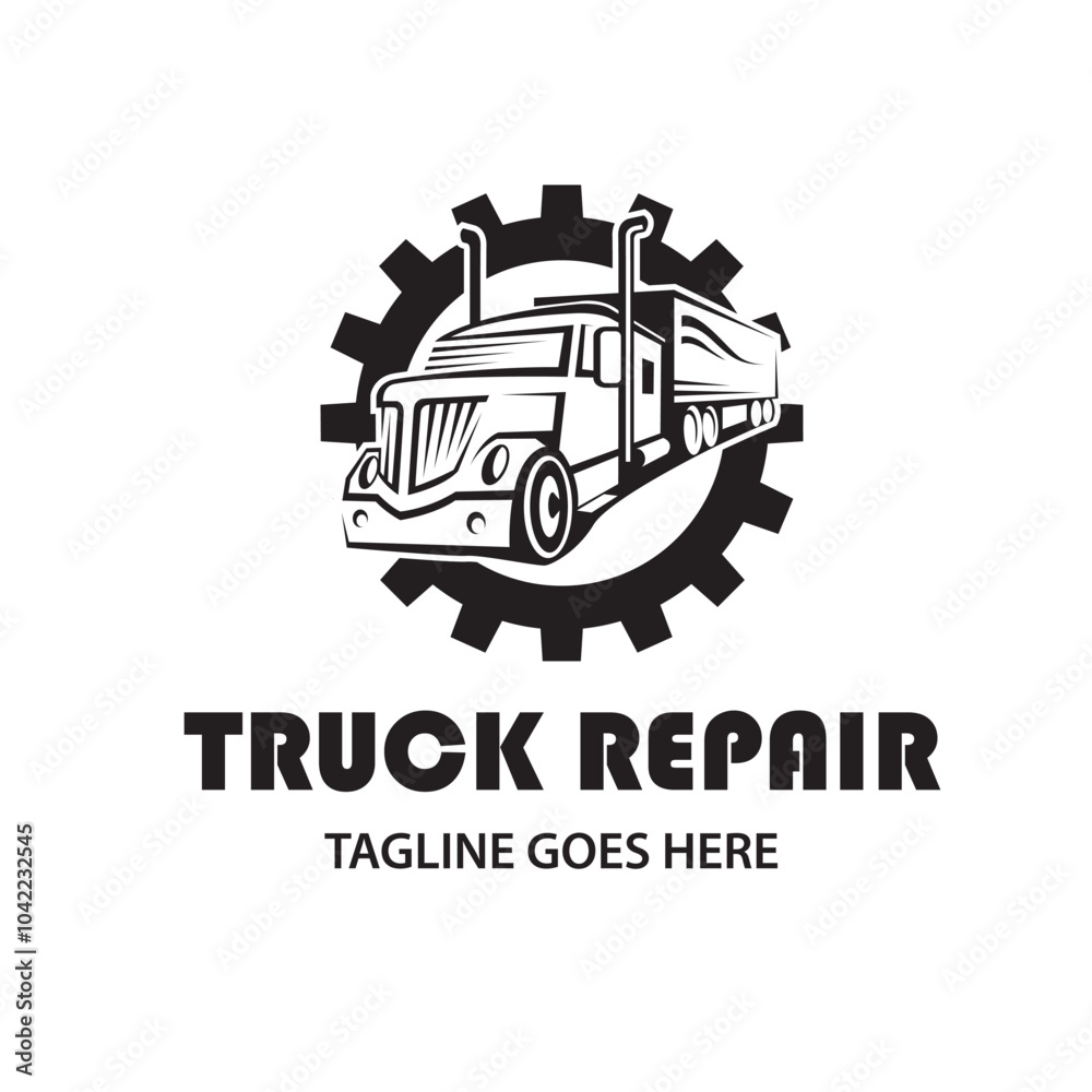 Naklejka premium monochrome icon of truck repair service with gear isolated on white background