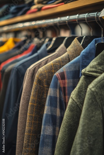 Colorful collection of casual shirts displayed in a clothing store during day...