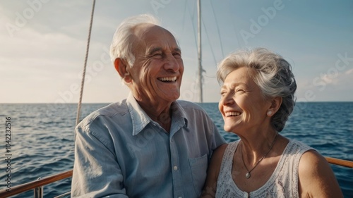 Obraz na płótnie Happy elderly couple enjoying a holiday on a boat at sea. w salonie