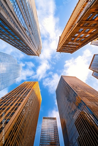 Skyscrapers reaching for the blue sky in a vibrant urban landscape during day...