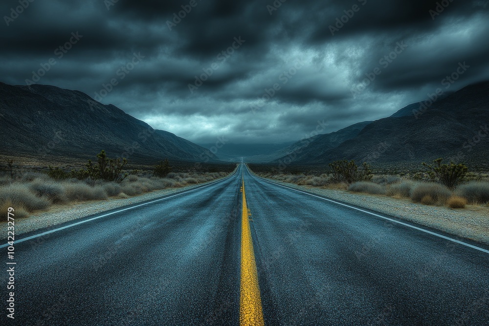 Dark and moody landscape with a winding road leading to distant mountains on a rainy day Dark and moody landscape with a winding road leading to distant mountains on a rainy day