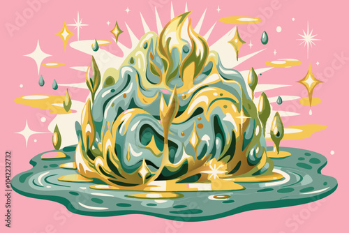 Whimsical, Sparkling Magic Potion Splash on Pink Background