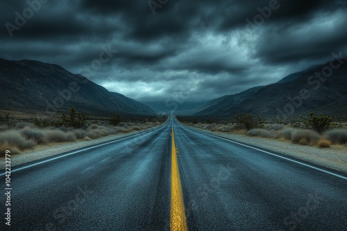 Dark and moody landscape with a winding road leading to distant mountains on ...