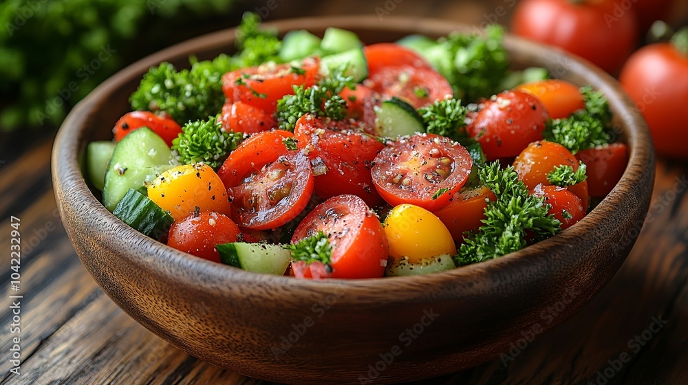 A rich and colorful vegetable salad beautifully presented in a wooden bowl. A rich and colorful vegetable salad beautifully presented in a wooden bowl.