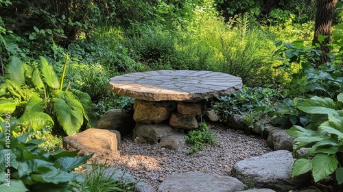 A serene stone table surrounded by lush greenery in a peaceful garden during ...