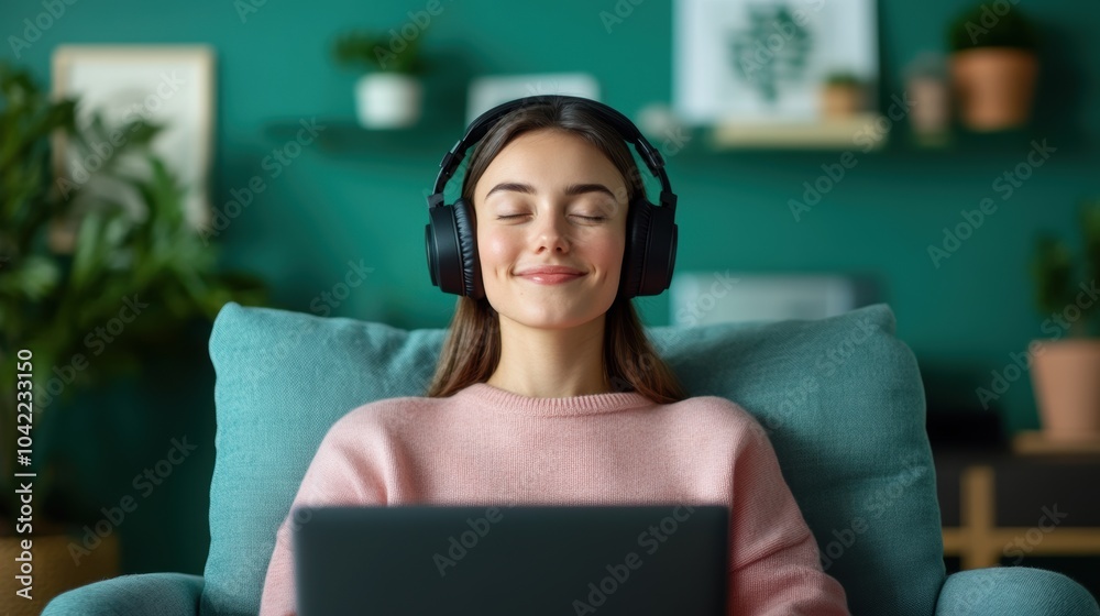 Young woman relaxing with headphones while using a laptop at home. Comfort and leisure concept. Young woman relaxing with headphones while using a laptop at home. Comfort and leisure concept.