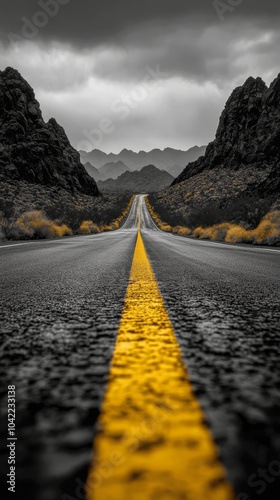 A winding road cuts through rocky mountains under an overcast sky
