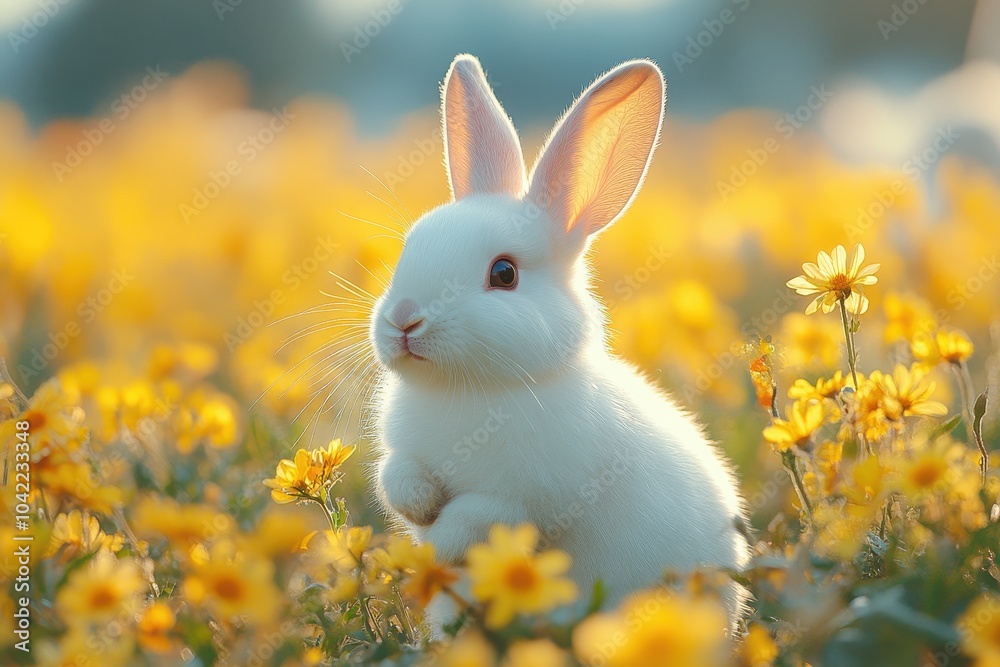Fototapeta premium Cute Easter Bunny Hopping Across a Meadow with Yellow Flowers Against a Blue Sky Background, Spring Nature Concept 