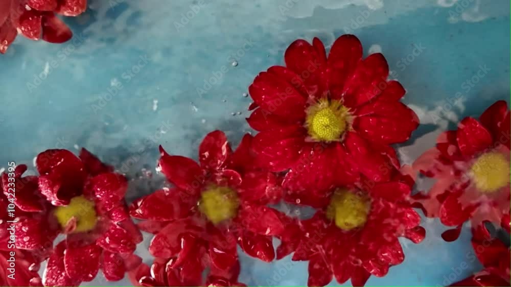 Red chrysanthine flowers float in the water. Droplets of rain fall on the chrysanthemum flowers in the water. Dark red blooming chrysanthemum flowers on blue background. The concept of wellness, spa Red chrysanthine flowers float in the water. Droplets of rain fall on the chrysanthemum flowers in the water. Dark red blooming chrysanthemum flowers on blue background. The concept of wellness, spa