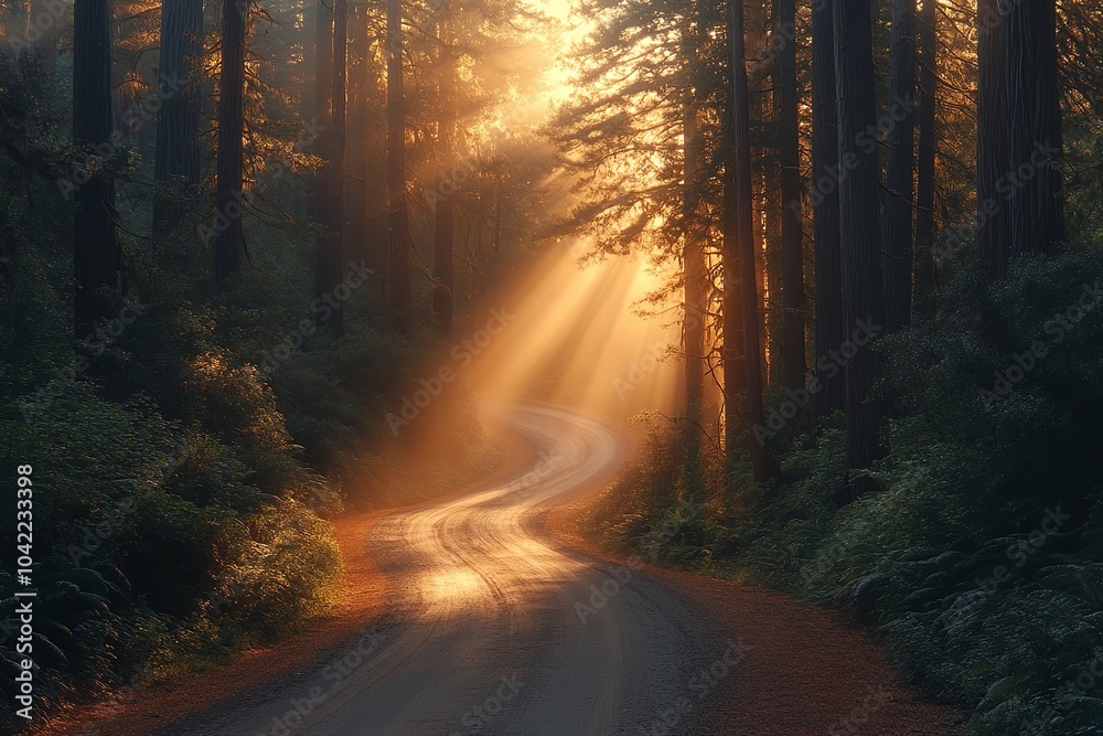 Naklejka premium A mist-covered forest road illuminated by beams of sunlight.