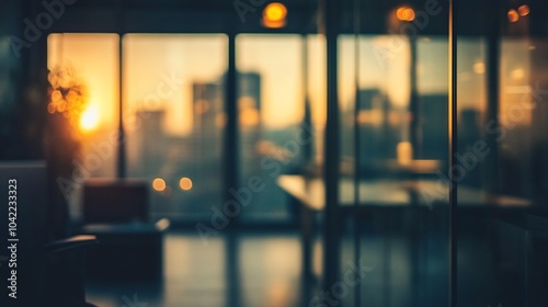 Blurred view of an office interior with a sunset through large windows.