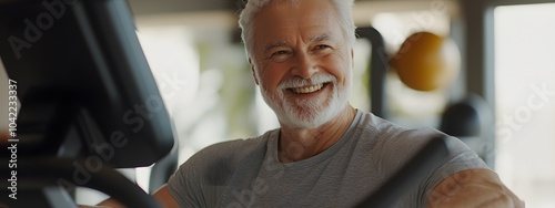 A photograph of an elderly man smiling while exercising on a stationary bike in his fitness center
