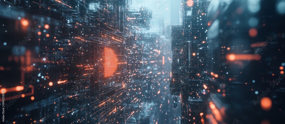 Abstract futuristic cityscape with glowing lights and intricate details. Abstract futuristic cityscape with glowing lights and intricate details.