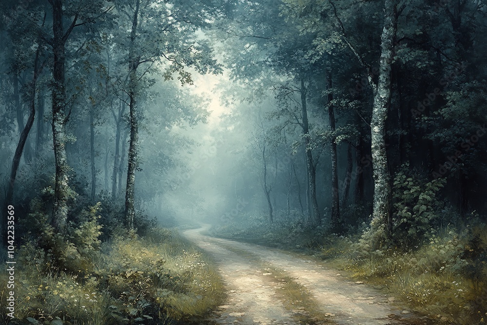 Obraz premium A mist-covered forest road illuminated by beams of sunlight.