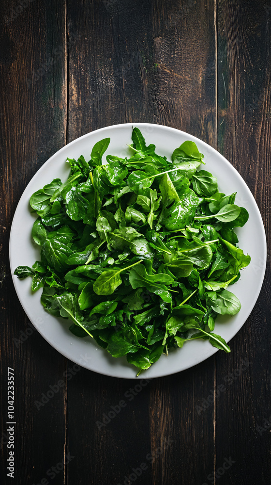 Fresh green baby spinach and arugula salad with water drops on white plate over old wooden table, top view Fresh green baby spinach and arugula salad with water drops on white plate over old wooden table, top view