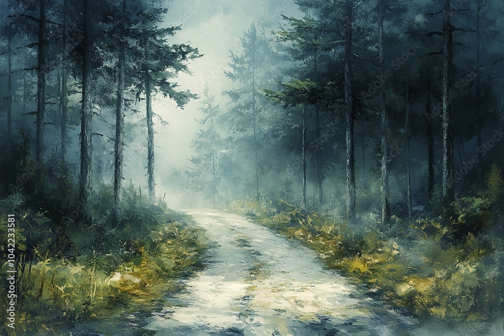 Fototapeta premium A mist-covered forest road illuminated by beams of sunlight.