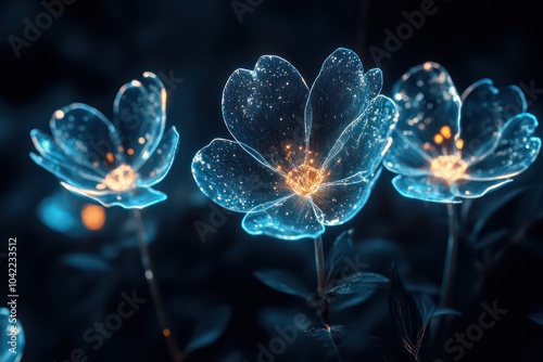 Create a hyper-realistic fantasy image depicting bioluminescent glowing flowers, make it a night-time scene, isolated on a black background, make the composition thought-provoking
