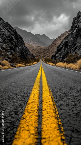 A winding road cuts through rocky mountains under an overcast sky