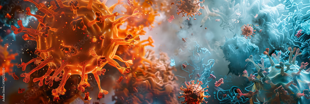 Two viruses are shown in a close up, one red and one blue. The red virus is surrounded by a lot of smaller viruses, while the blue virus is surrounded by a few smaller viruses Two viruses are shown in a close up, one red and one blue. The red virus is surrounded by a lot of smaller viruses, while the blue virus is surrounded by a few smaller viruses