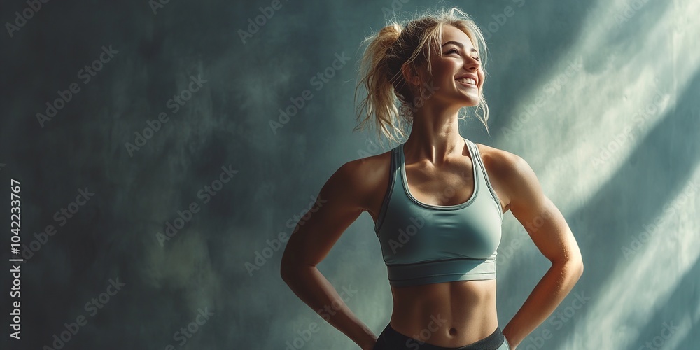 Obraz premium full body of a Smiling fit blonde woman in a fitness outfit on a gray background with copy space, banner.