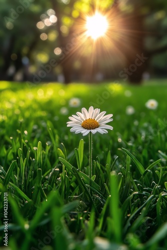 A single daisy blooms in a lush green field at sunset, surrounded by soft gra...