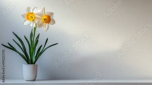 A single daisy standing tall on a white background with soft natural light il...