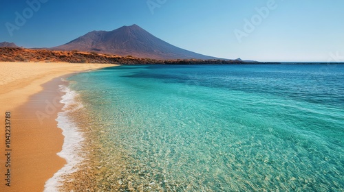 Calm coastal landscape featuring clear waters and a distant mountain range on...