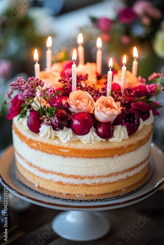 Decorated birthday cake with candles and flowers on a rustic table at an even...