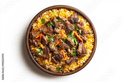 Mouthwatering Goat Full Legs Kabuli Biryani Isolated on White for Product Promotion and Social Media Content photo