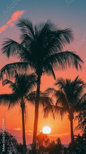 Sunset view through palm trees along a coastal road in California during gold...