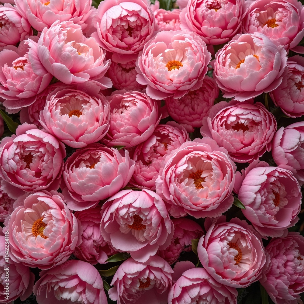Obraz premium Lush pink peony flowers creating a vibrant and romantic backdrop