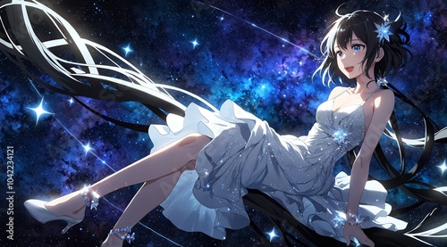 Elegant Anime Girl in White Dress Floating in Cosmic Space