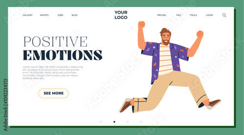 Happy man jumping with joy on a website interface design layout Ideal for creative websites personal blogs motivational content mental health promotions and lifestyle branding projects. Modern Flat