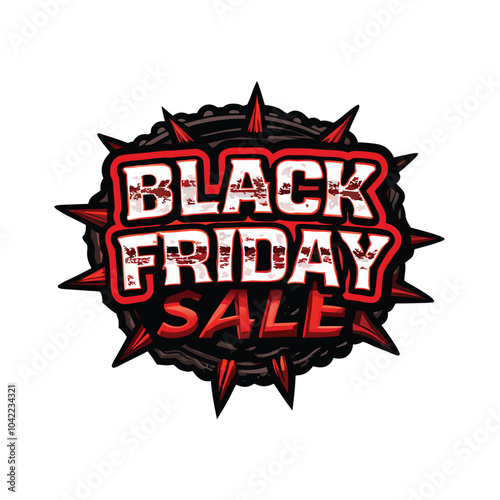 Grunge style Black Friday design with rough textured red and black text, a spiked circle design, and the words "Black Friday Sale".