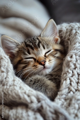 A cozy kitten nestled in a warm blanket during a quiet afternoon nap