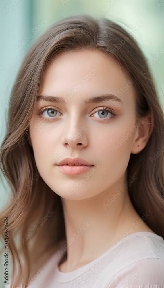 Gentle Portrait with Serene Expression Against Soft Teal Background Gentle Portrait with Serene Expression Against Soft Teal Background