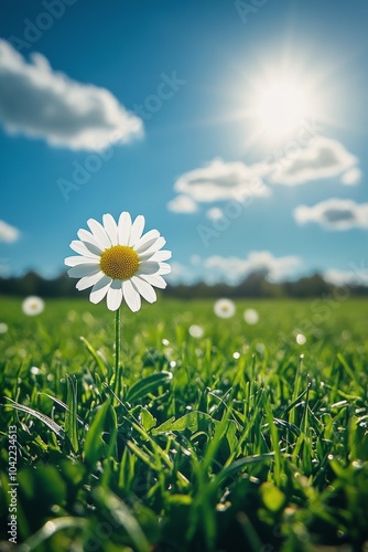 A single daisy blooms in a lush green field at sunset, surrounded by soft gra...