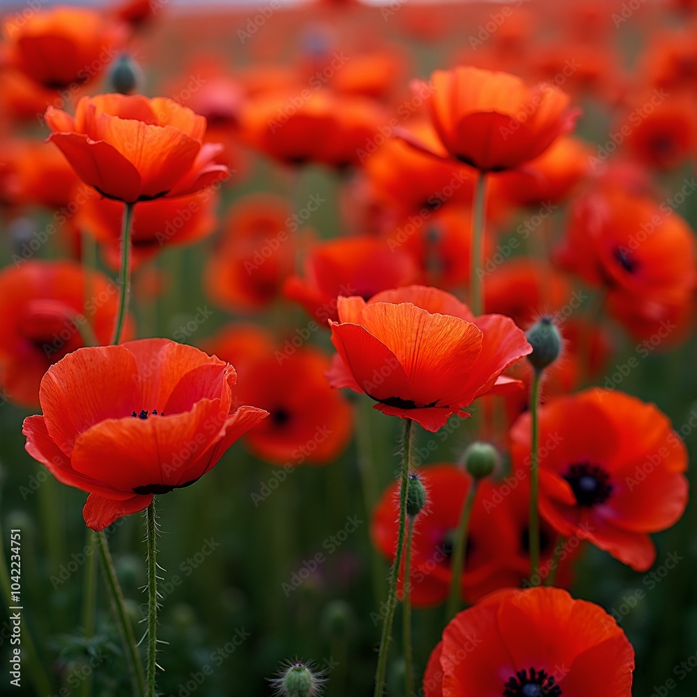 Naklejka premium Vibrant red poppies against lush green stems creating a bold floral background