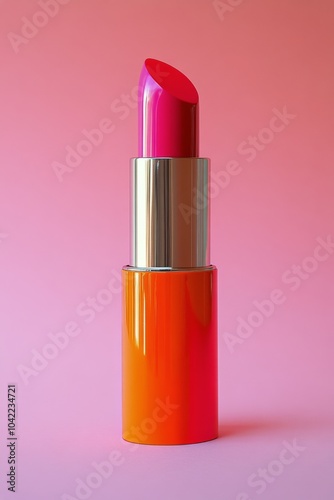 A vibrant red lipstick stands elegantly against a vivid pink backdrop in a mi...