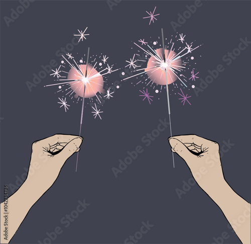 Bengal fire set drawing Birthday clip art festive greeting cards hands holding sparkler. Small firework on stick Happy New Year party invitation firework illustration Magic wand accessory colorful art