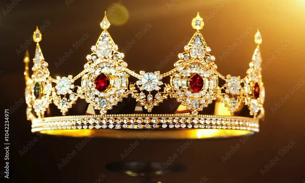 Tracking shot with warm, inviting lighting: The camera starts with a medium shot of a gemstone-encrusted tiara from the back, glowing warmly. The camera tracks the tiara’s surface, showcasing its intr