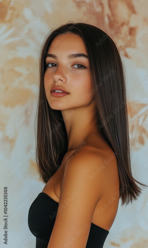 Fototapeta premium Woman with long dark hair, wearing a black top.