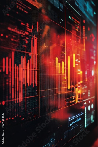 Red bars and glowing elements in a dark night setting, digitally visualized