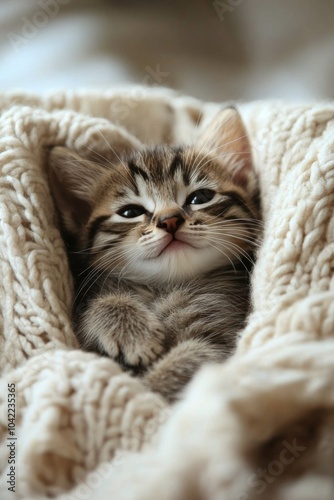 A cozy kitten nestled in a warm blanket during a quiet afternoon nap