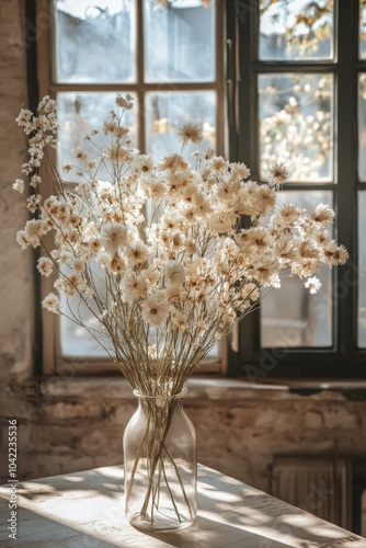 A cozy cafe interior featuring a vase of dried flowers at a wooden table in a...