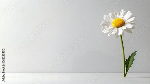 A single daisy standing tall on a white background with soft natural light il...