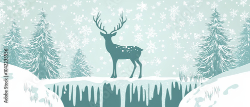 A serene winter scene featuring a silhouette of a deer amidst snowy trees, creating a peaceful, festive atmosphere.